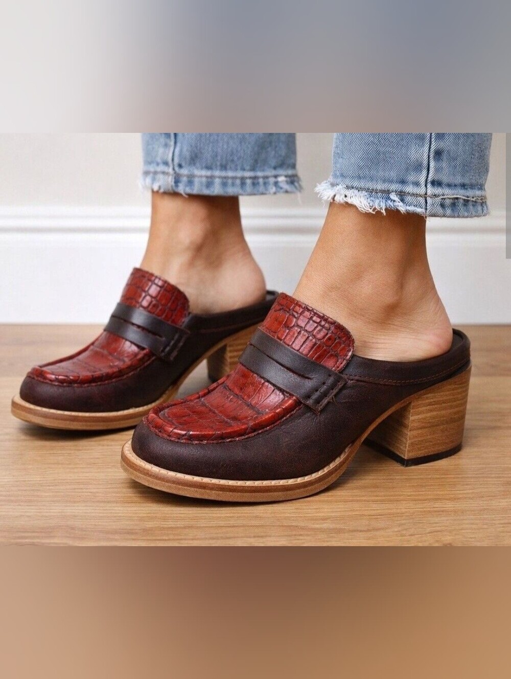 Freebird by Steven Red and Brown Leather Croc-Textured Slip-On Mules